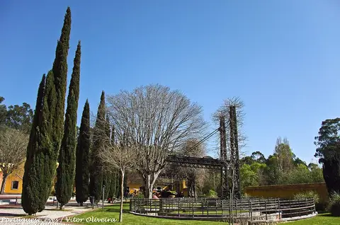 Parque da Fábrica da Pólvora de Barcarena com ciprestes, relvado e estruturas metálicas antigas