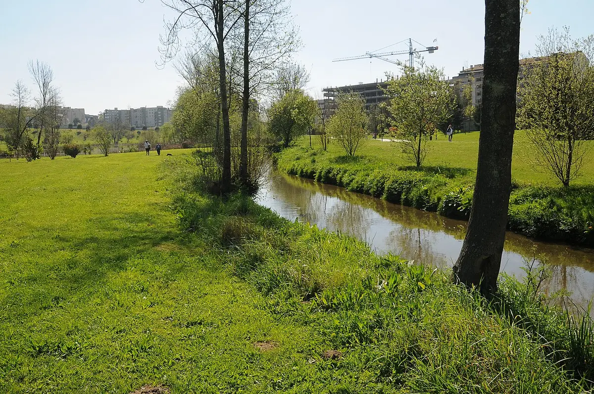 Ribeiro a atravessar relvados arborizados do Parque da Devesa, com edifícios ao fundo