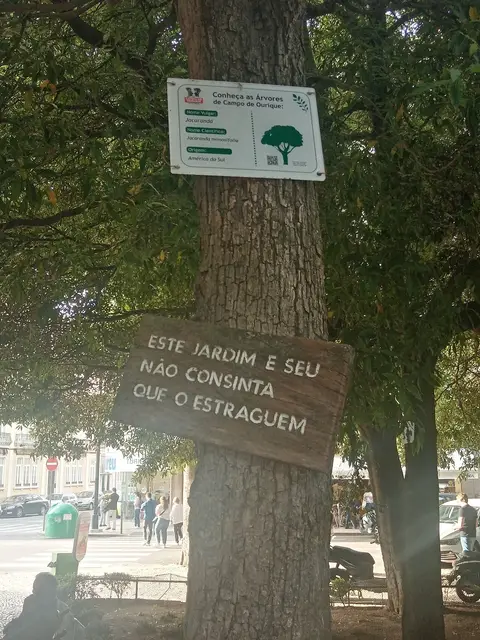Tronco de jacarandá no Jardim da Parada com placa informativa e aviso "Este jardim é seu".