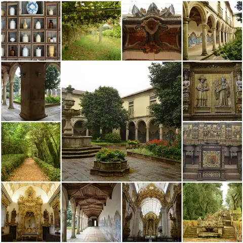 Mosaico de imagens do Mosteiro de São Martinho de Tibães: claustros, igreja dourada, azulejos e jardins.