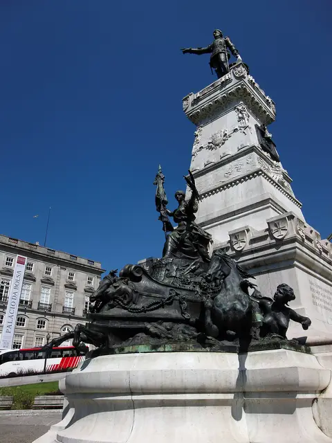 Monumento ao Infante D. Henrique na praça, com o Palácio da Bolsa ao fundo sob céu azul