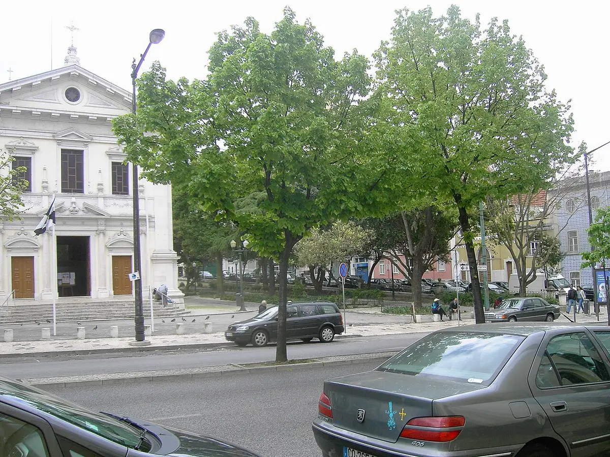 Jardim com árvores frondosas junto a uma igreja de fachada branca e rua com carros estacionados