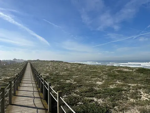 Passadiço de madeira entre dunas com vegetação junto ao mar, em Codixeira, Aguçadoura