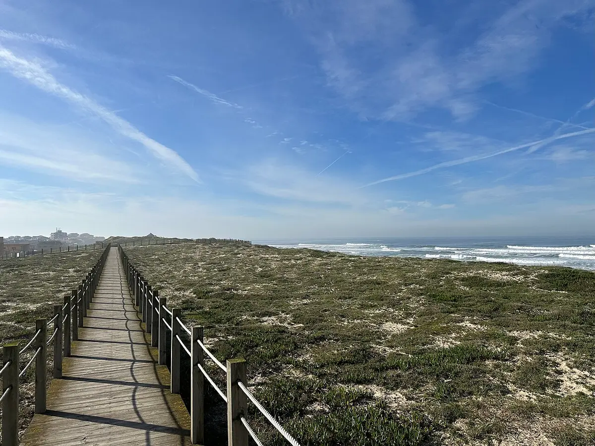 Passadiço de madeira entre dunas com vegetação junto ao mar, em Codixeira, Aguçadoura