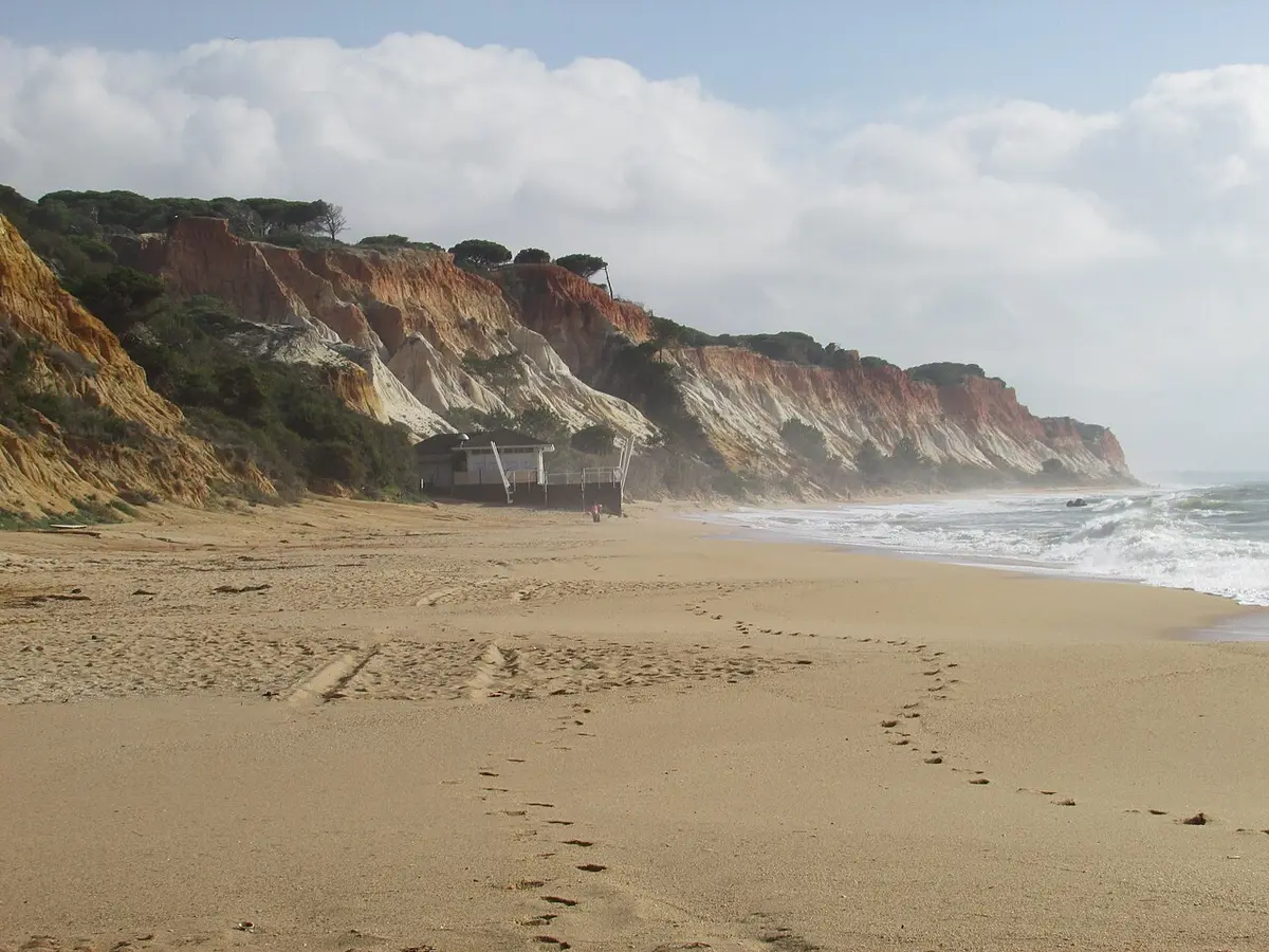 Praia deserta de areia dourada junto a falésias avermelhadas com pinheiros, em Olhos de Água