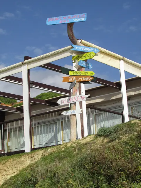 Poste com setas de madeira coloridas na Praia do Barranco das Belharucas, indicando cidades e distâncias