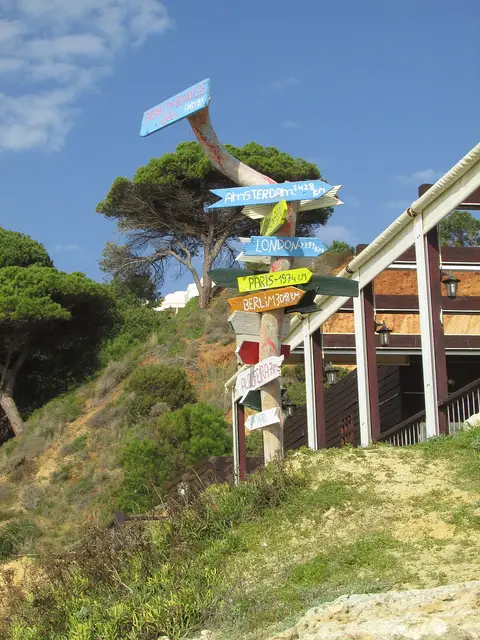 Poste de setas coloridas com distâncias para várias cidades junto à Praia das Belharucas