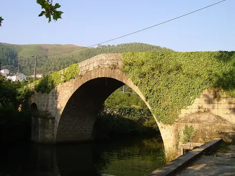 Ponte de pedra em arco coberta de hera sobre o rio, em Vila Cova à Coelheira