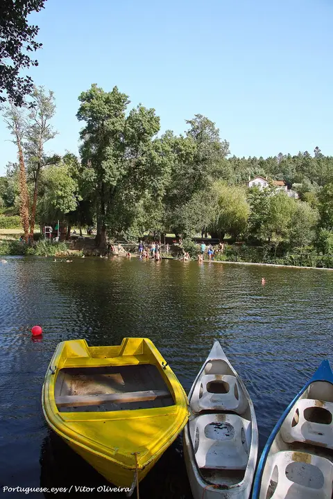 Praia fluvial da Bogueira com barcos amarelos e gaivotas atracados junto à margem arborizada
