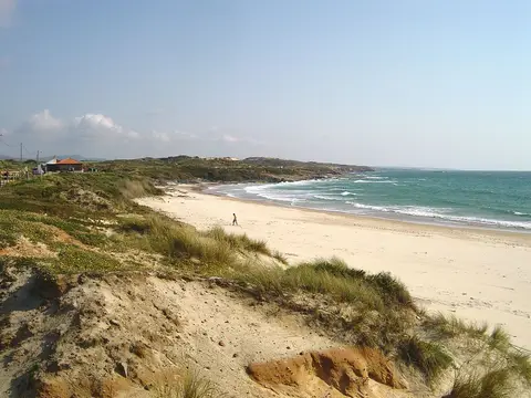 Praia de areia com dunas cobertas de vegetação e mar azul ao fundo
