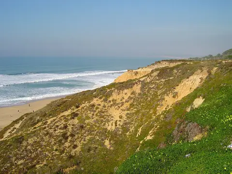 Praia das Bicas vista da arriba, com vegetação, areal extenso e ondas a rebentar no oceano
