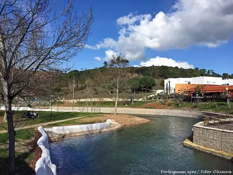 Praia fluvial dos Olhos de Água do Alviela, com rio, relvado e colina arborizada ao fundo