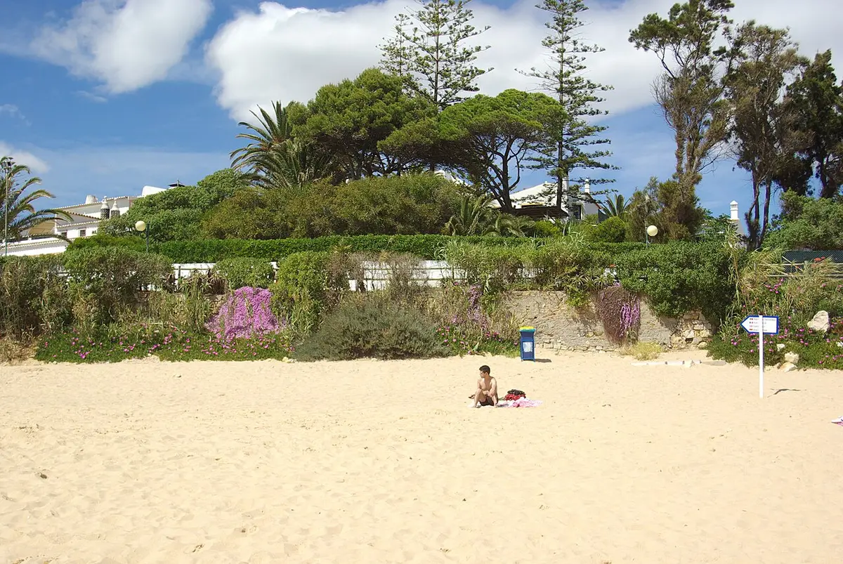Areal da Praia da Oura, em Albufeira, com vegetação e casas no topo da encosta
