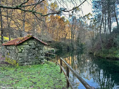 Moinho de pedra com telhado de telha junto ao rio, com vedação de madeira e árvores outonais