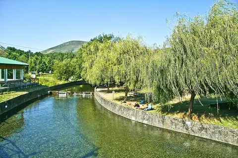 Praia fluvial do Poço da Corga, com rio de águas claras, salgueiros-chorões e relvado à beira-rio