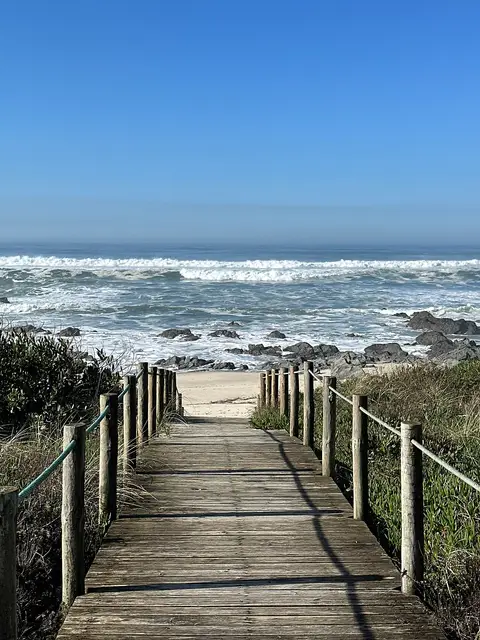 Passadiço de madeira entre dunas a dar acesso à praia de Afife, com ondas e rochas ao fundo