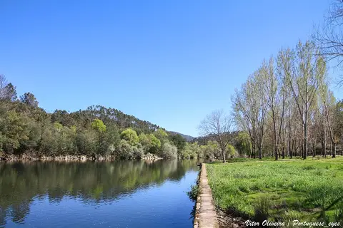 Praia fluvial de Cambas com rio calmo, passadiço de pedra e relvado junto às árvores