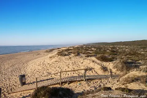 Praia do Monte Velho com passadiço de madeira sobre as dunas e mar ao fundo