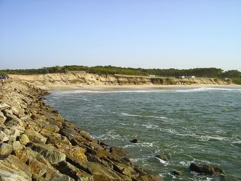Praia de Cortegaça vista do molhe de rochas, com dunas e pinhal ao fundo