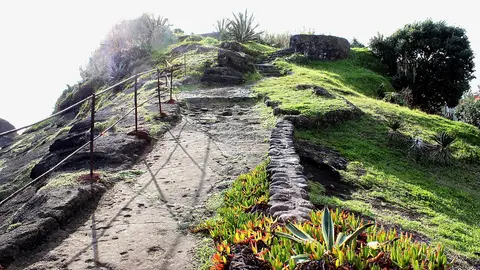 Caminho em pedra com corrimão a subir até ao miradouro, ladeado de vegetação e plantas suculentas