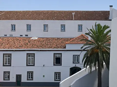 Edifício branco de telhado de telha do Forte de São Brás, com palmeira em primeiro plano