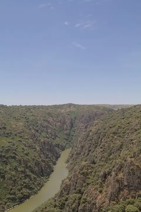 Vista do miradouro sobre o desfiladeiro do rio Douro, com encostas rochosas e vegetação.