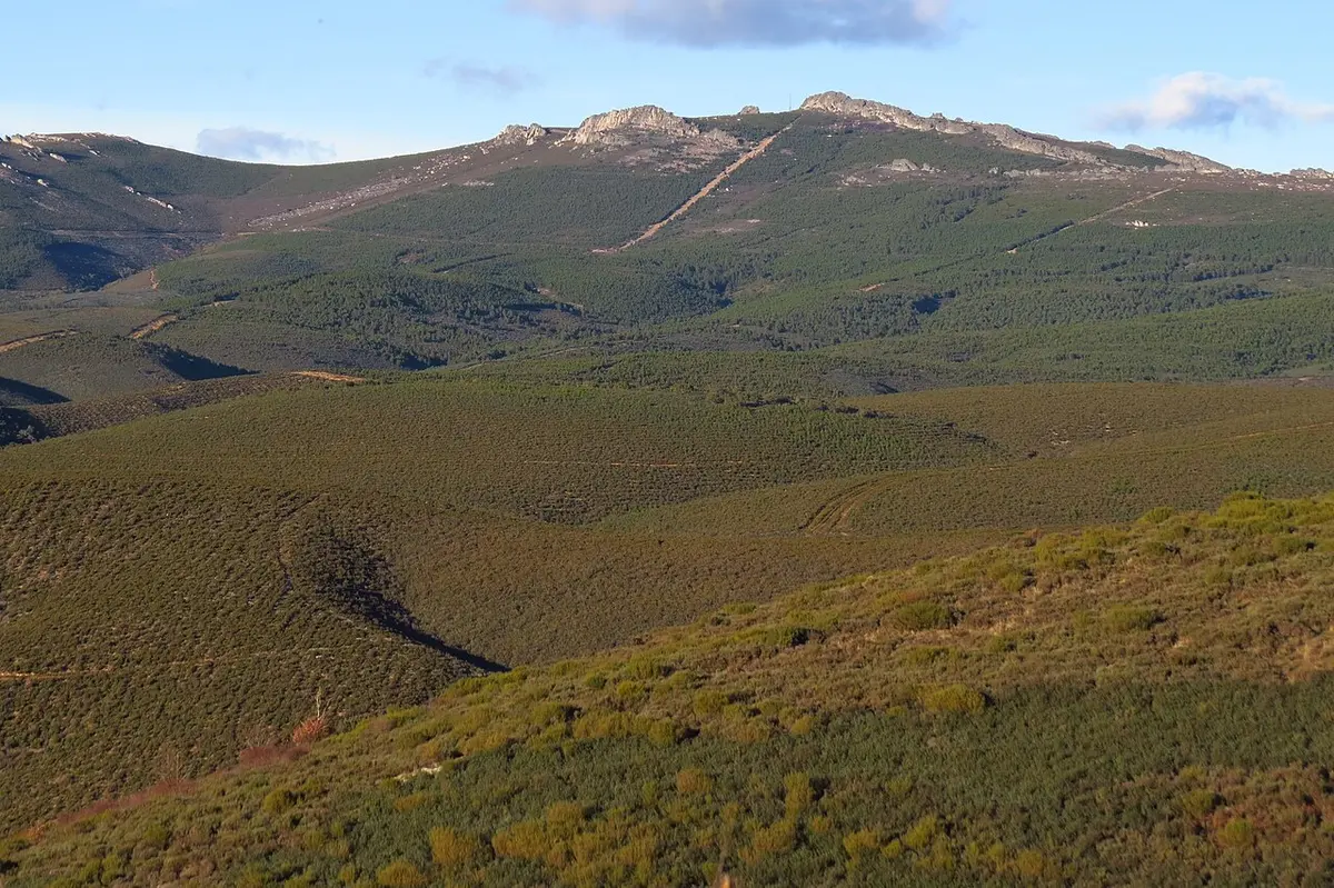 Vista panorâmica de encostas serranas cobertas de matos e pinhais, com cumes rochosos ao fundo