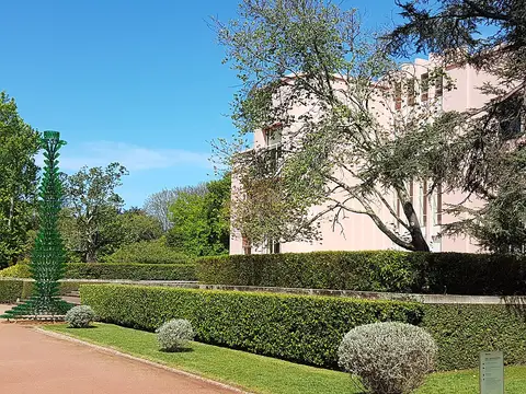 Edifício cor-de-rosa da Casa de Serralves visto do jardim, com sebes aparadas e escultura verde.