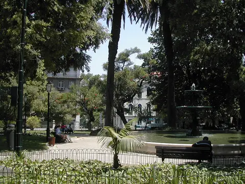 Jardim com palmeiras, lago com repuxo e bancos, rodeado de árvores e edifícios.
