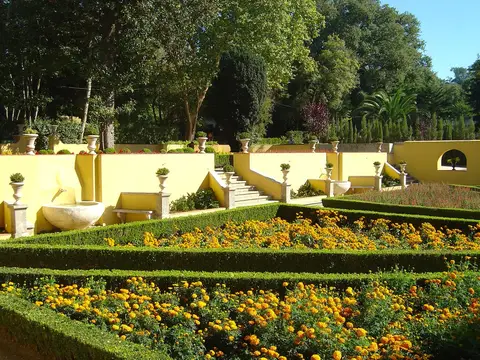 Jardim formal com canteiros de flores laranja, sebes aparadas, muros amarelos e escadaria de pedra