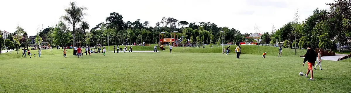 Amplo relvado do Parque do Covelo com parque infantil ao fundo e famílias a passear