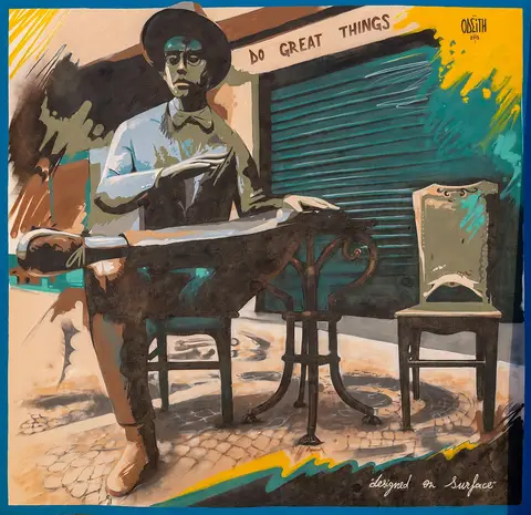 Mural de Fernando Pessoa sentado a uma mesa de esplanada, obra de Odeith no Jardim do Torel, Lisboa