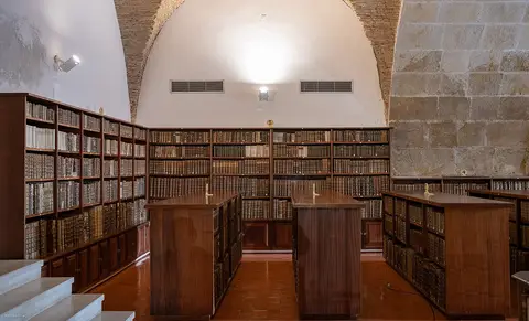 Sala abobadada de biblioteca antiga com estantes de madeira cheias de livros encadernados
