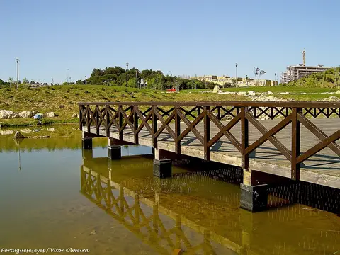 Passadiço de madeira sobre lago no Parque da Bela Vista, em Lisboa, com relva e árvores ao fundo