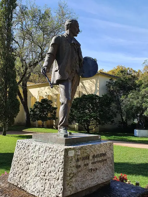 Estátua de bronze de José Malhoa sobre pedestal de pedra, no Parque Dom Carlos I, Caldas da Rainha