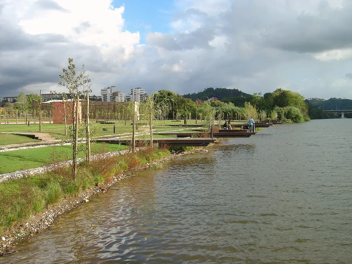 Margem relvada do Parque Verde do Mondego, em Coimbra, com árvores jovens e passadiços junto ao rio