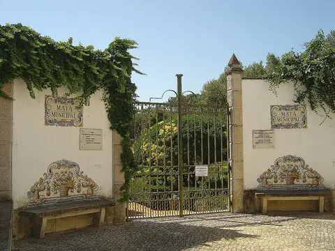 Portão de ferro da Mata Municipal do Bombarral, com painéis de azulejos e bancos junto ao muro