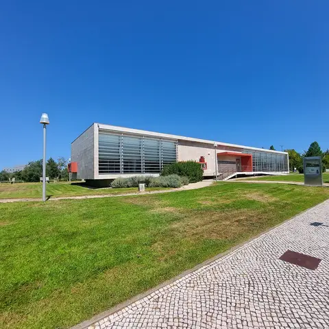 Fachada principal da Biblioteca Municipal de Condeixa-a-Nova, vista do relvado exterior sob céu azul.