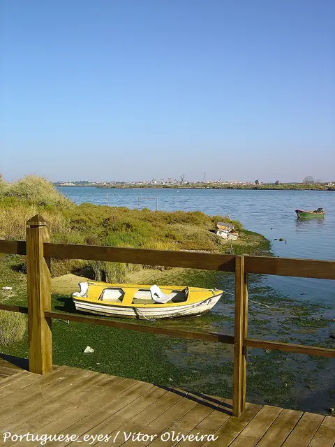 Passadiço de madeira com vista para o estuário e barcos junto à margem, no Parque Zeca Afonso