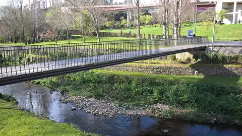 Ponte pedonal sobre ribeiro no Parque Linear Dom Domingos Jardo, com relvados e árvores em redor