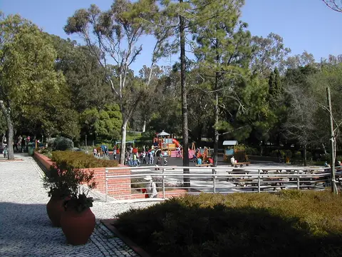 Parque infantil colorido rodeado de árvores, com mesas de piquenique e caminho calcetado em primeiro plano