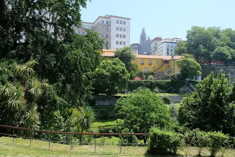 Jardim das Virtudes, no Porto, com socalcos verdes, palmeiras e edifícios da cidade ao fundo