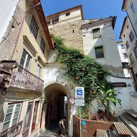 Arco de Almedina em Coimbra, com trepadeira florida e casas antigas em redor