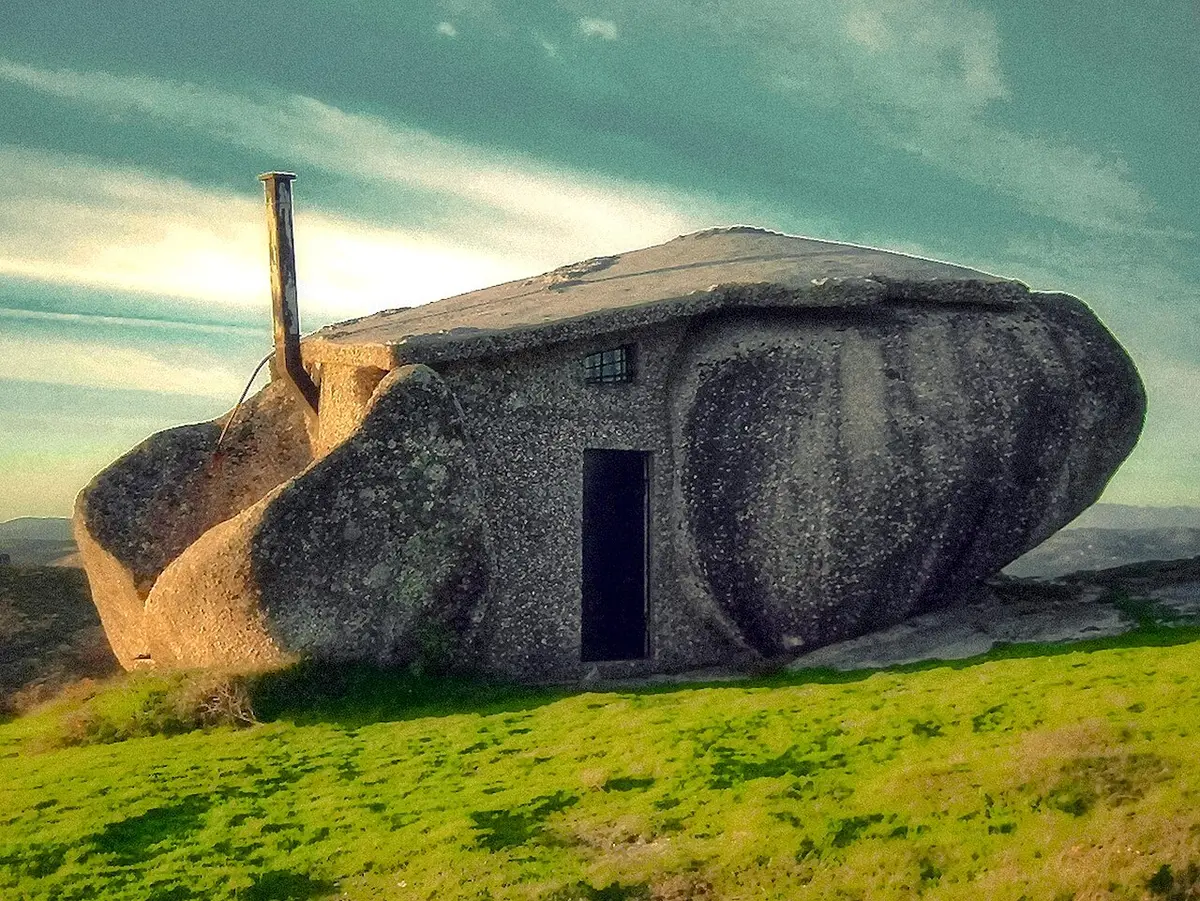 Casa do Penedo, habitação construída entre grandes rochas de granito, rodeada de relva verde