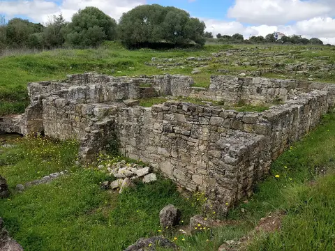 Ruínas de muros de pedra da Vila Romana de Freiria, rodeadas de relva e flores silvestres