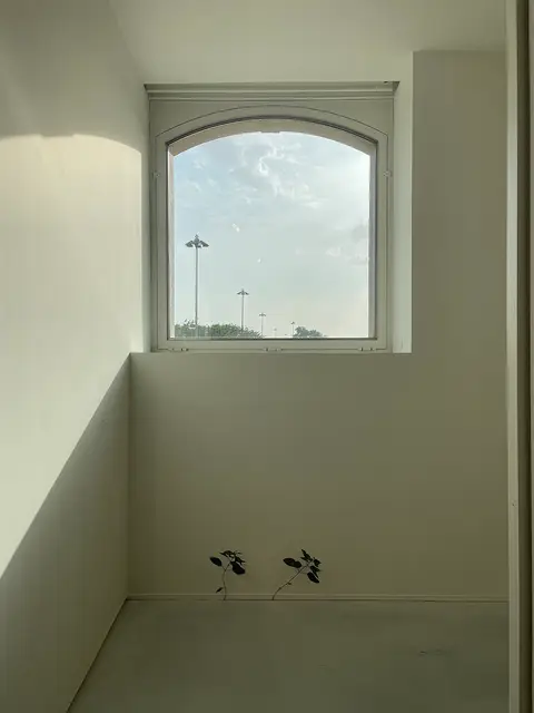 Interior branco do Pavilhão Julião Sarmento com janela de arco e pequenas plantas junto à parede