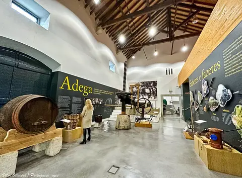 Sala de exposição do Museu do Vinho e da Vinha de Bucelas com pipa, prensa e painéis informativos