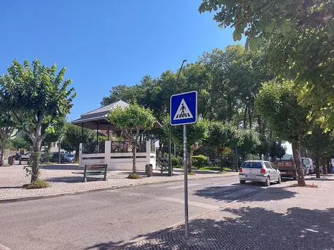 Jardim municipal com coreto, árvores e bancos, junto a rua calcetada com sinal de passadeira