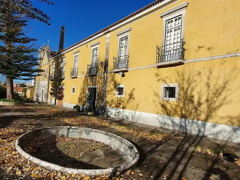 Fachada amarela do palácio da Quinta da Fidalga com tanque circular de pedra e folhas no chão