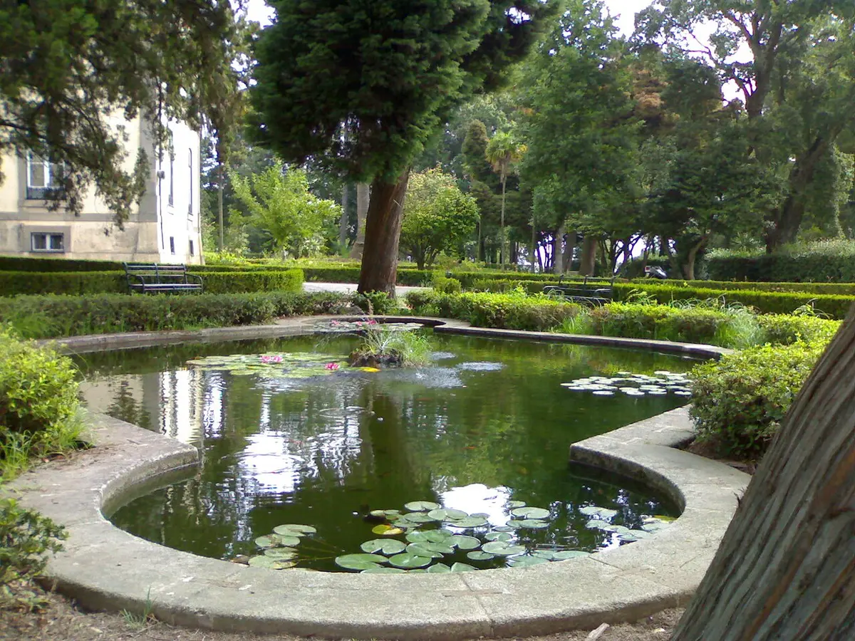 Lago com nenúfares num jardim, rodeado de sebes, árvores e bancos